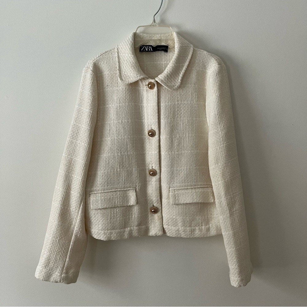 ZARA Tweed Jacket Blazer Small Ivory White Mod